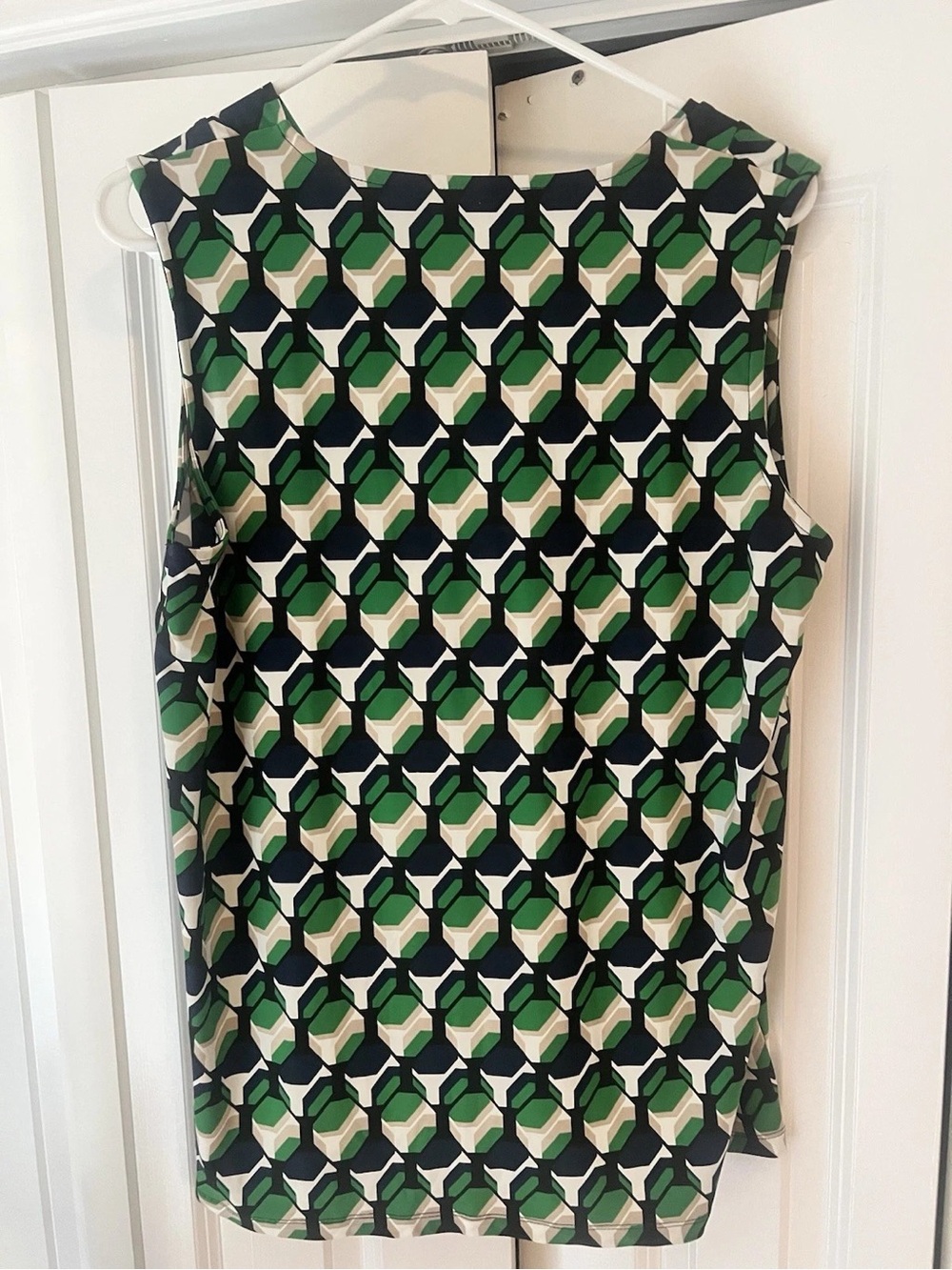 Anne Klein Geometric Green Navy & Cream Sleeveless Top